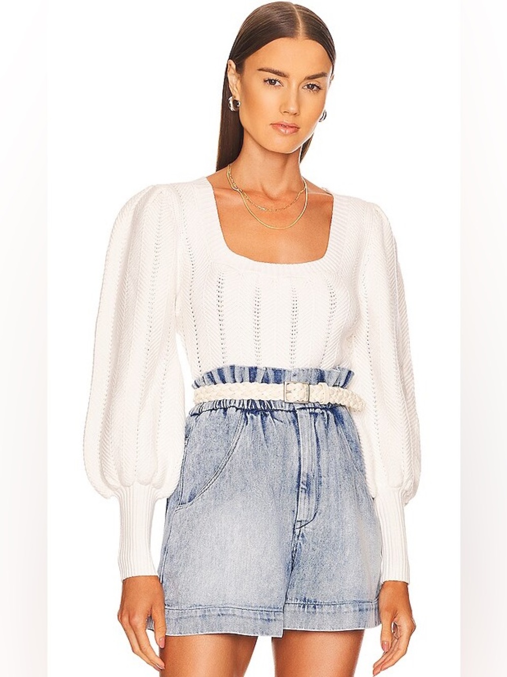 MINKPINK x REVOLVE White Square-Neck Puff Sleeve “Harper” Knit Top XS